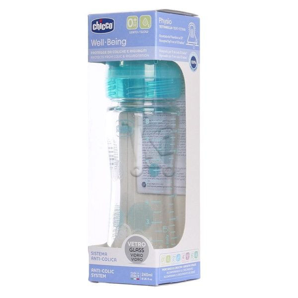 Chicco Biberon Verre Tétine Silicone Flux Lent Bleu 0M+ 240ml