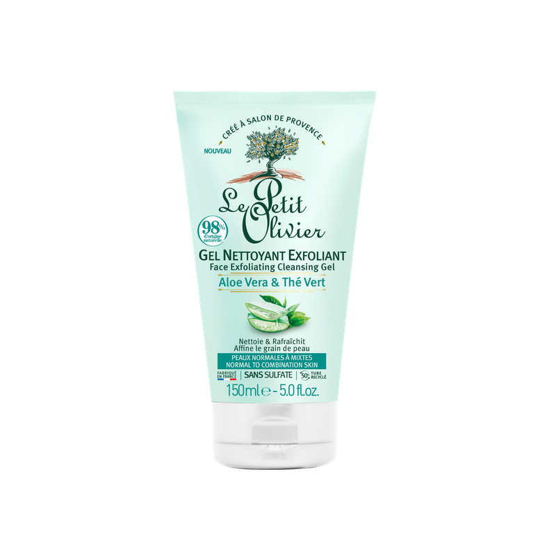 gel nettoyant exfoliant aloe vere&amp; the vert – le petit olivier peaux normales a mixtes 150ml
